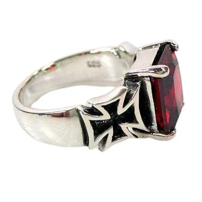 Red Garnet Sterling Silver Iron Cross Ring