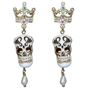 Ritzy Couture Skeleton King & Crown Crystal Halloween Earrings (Goldtone)