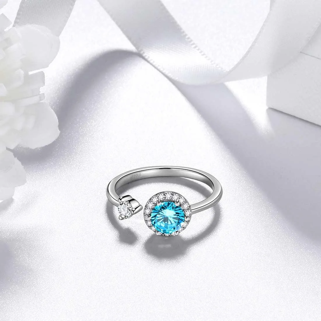 Round Birthstone March Aquamarine Ring Women Girls Jewelry Birthday Gift Sterling Silver