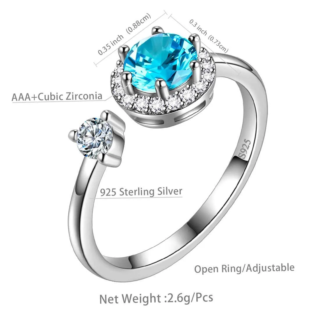 Round Birthstone March Aquamarine Ring Women Girls Jewelry Birthday Gift Sterling Silver