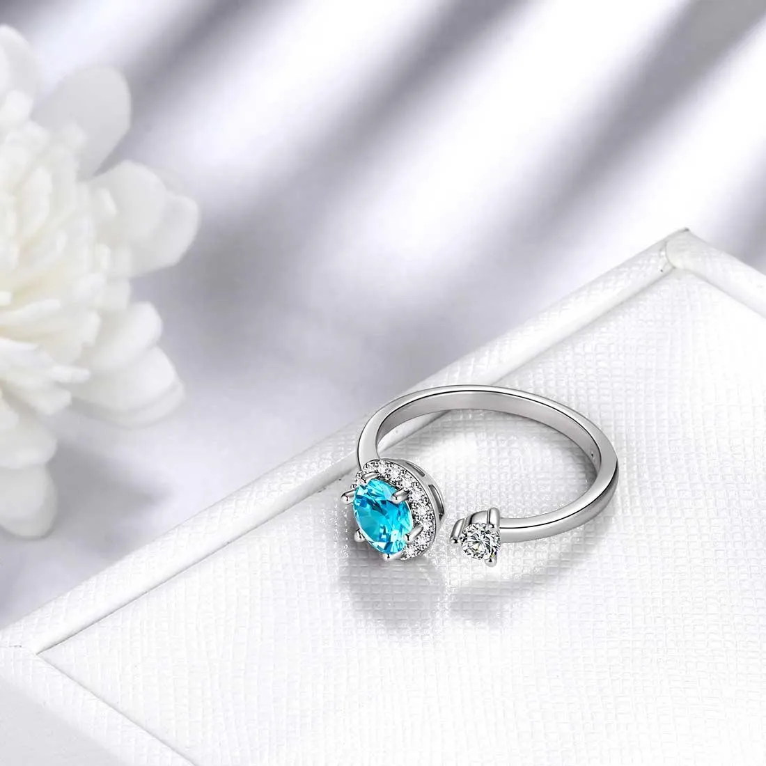 Round Birthstone March Aquamarine Ring Women Girls Jewelry Birthday Gift Sterling Silver