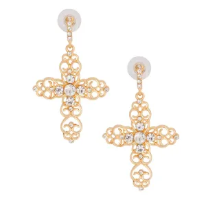 Shimmer Open Cross Drop Earrings Gold Tone