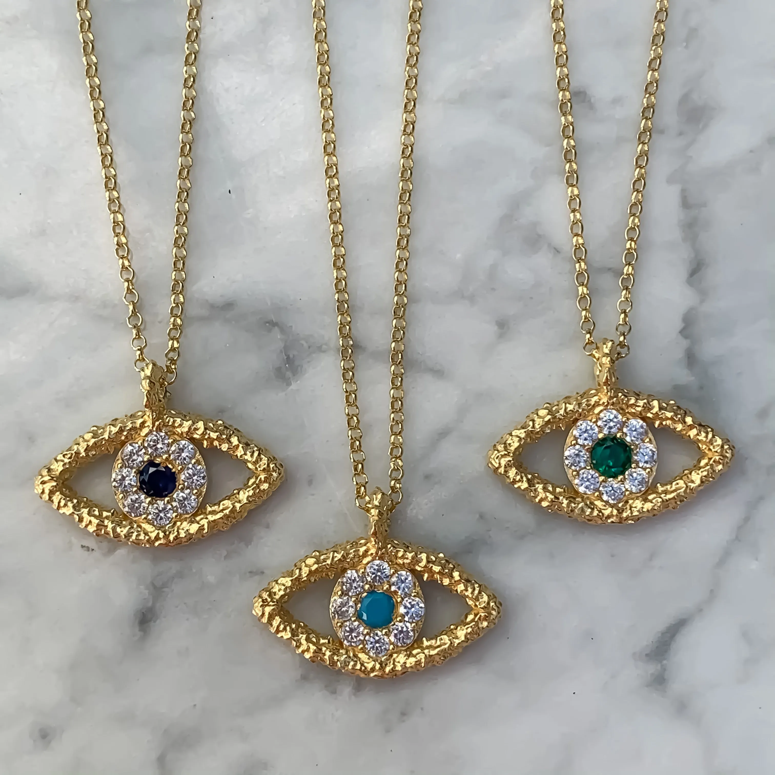 Silver gold plated green hammered evil eye necklace