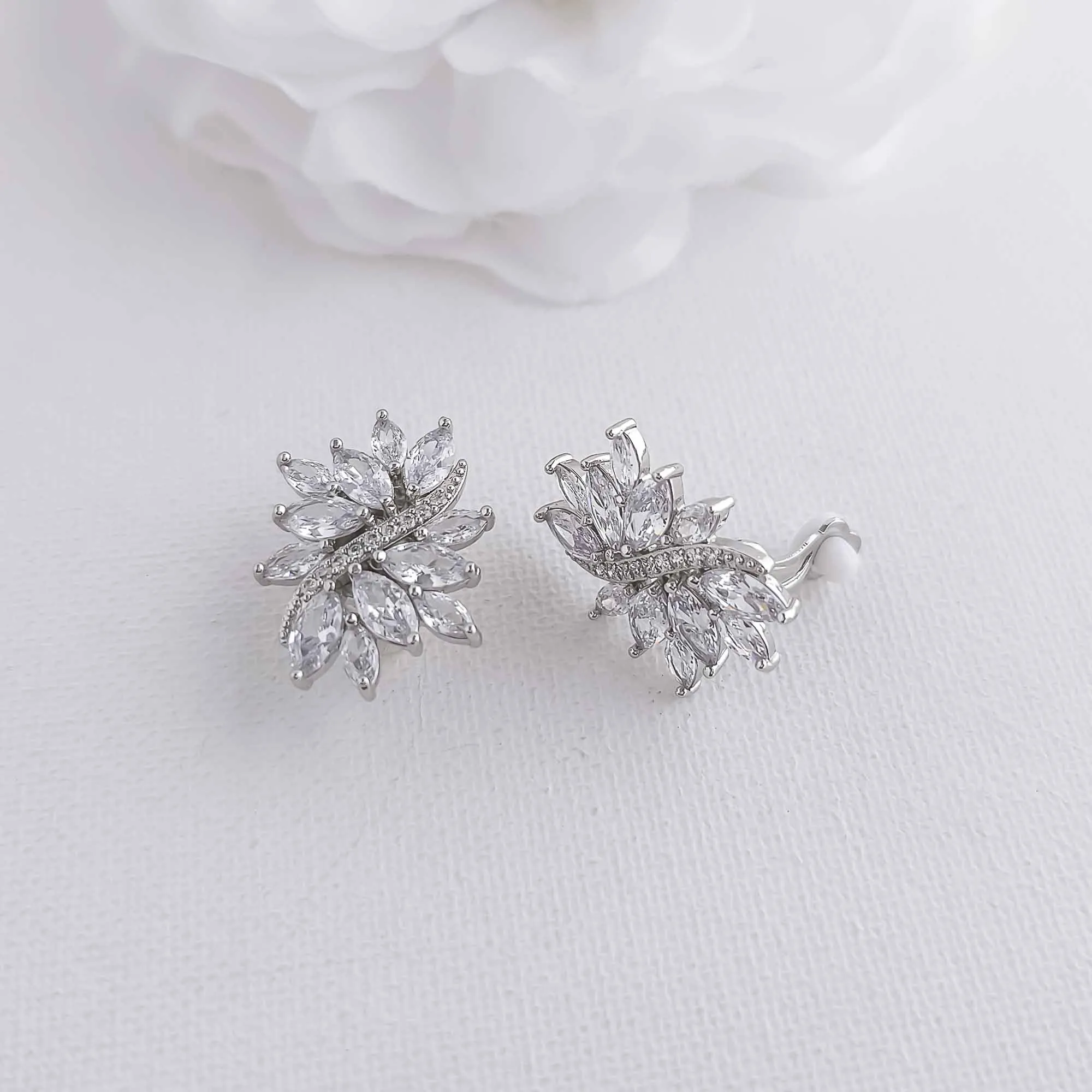 Sliver Clip-On Stud Earrings for Brides-Brooklyn