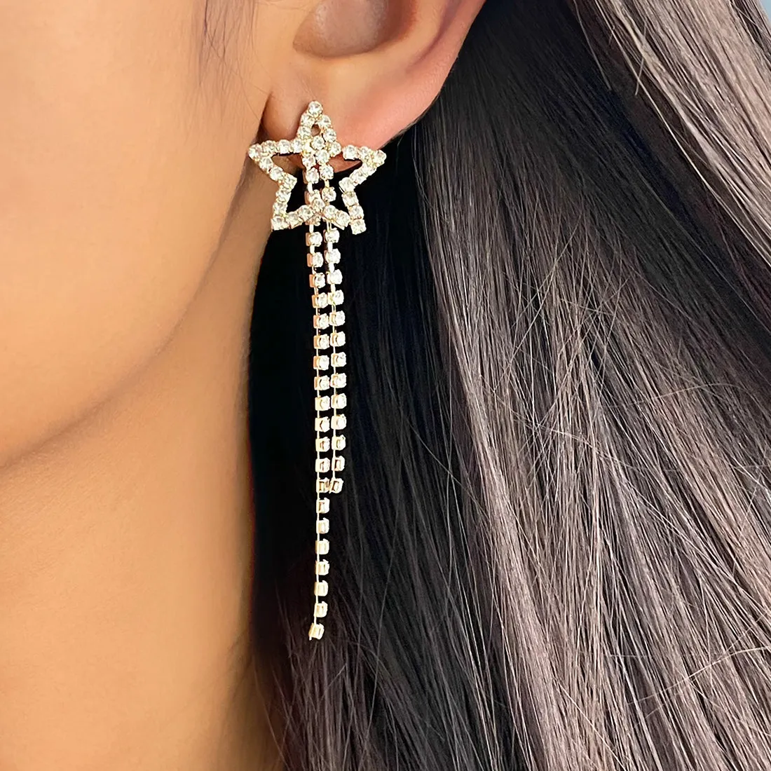 Star White Diamante Crystal Studded Gold-Toned Long Tassel Drop Earrings