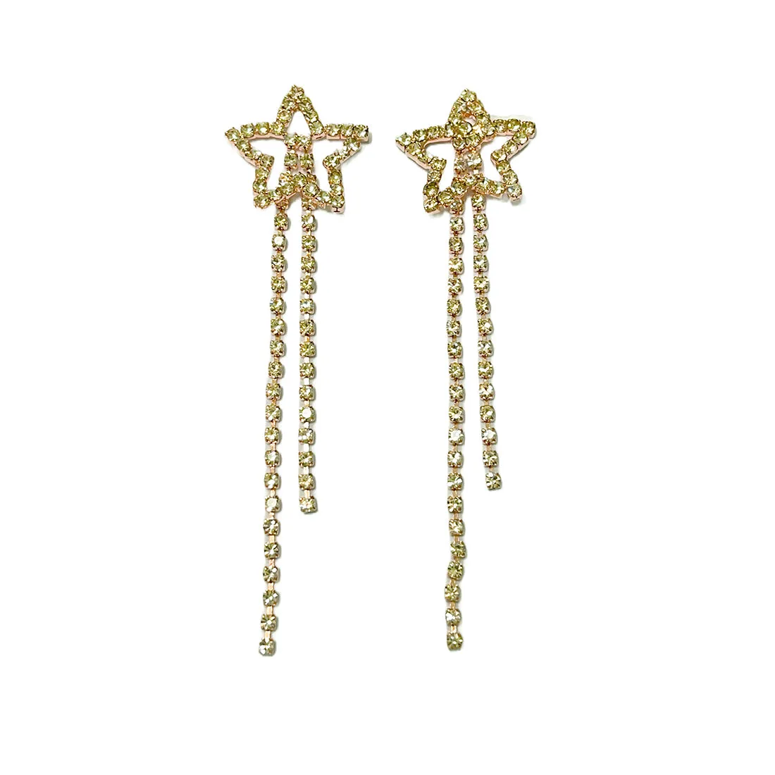 Star White Diamante Crystal Studded Gold-Toned Long Tassel Drop Earrings