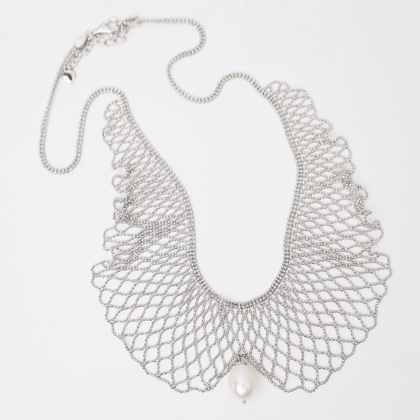 Sterling Draped Lace Collar Necklace with Center Pearl Drop