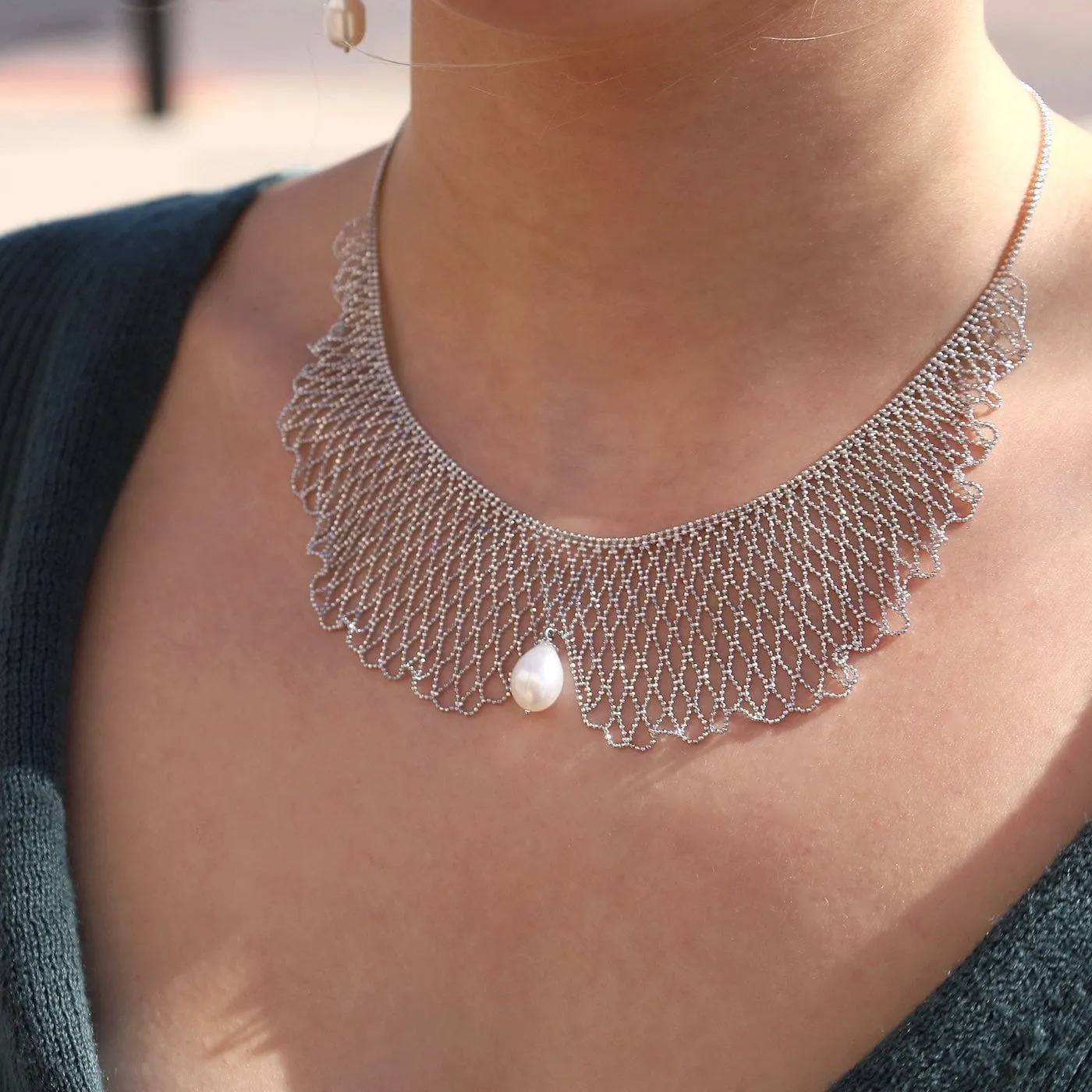 Sterling Draped Lace Collar Necklace with Center Pearl Drop