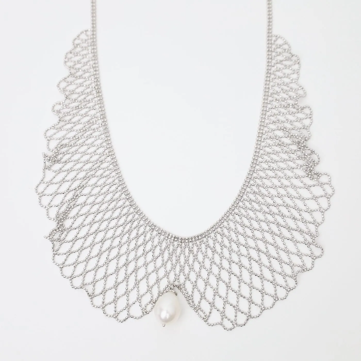 Sterling Draped Lace Collar Necklace with Center Pearl Drop