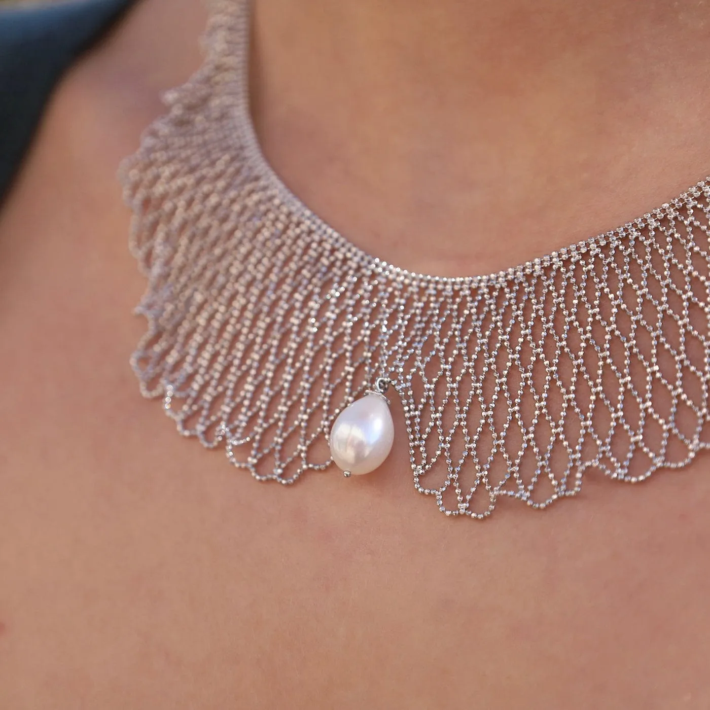 Sterling Draped Lace Collar Necklace with Center Pearl Drop