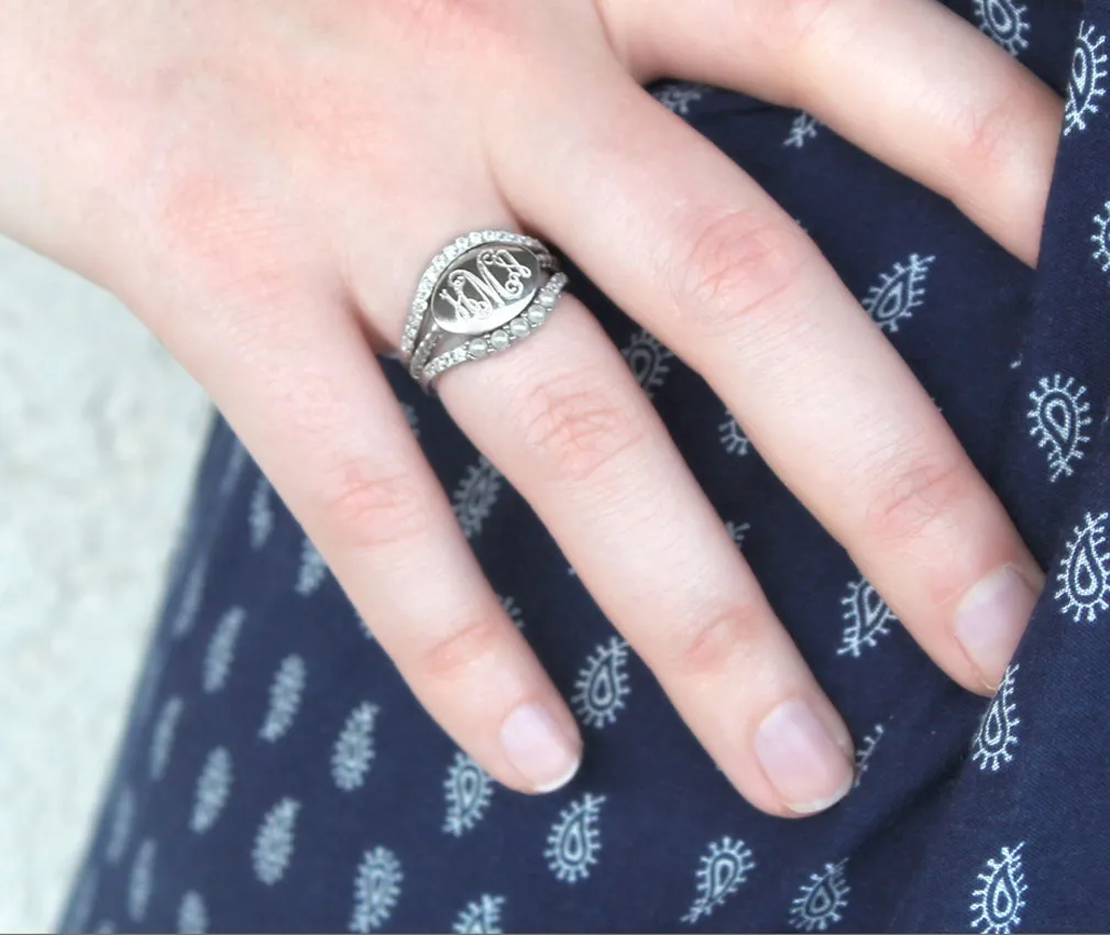 Sterling Silver CZ and Pearl Oval Monogram Stacking Ring