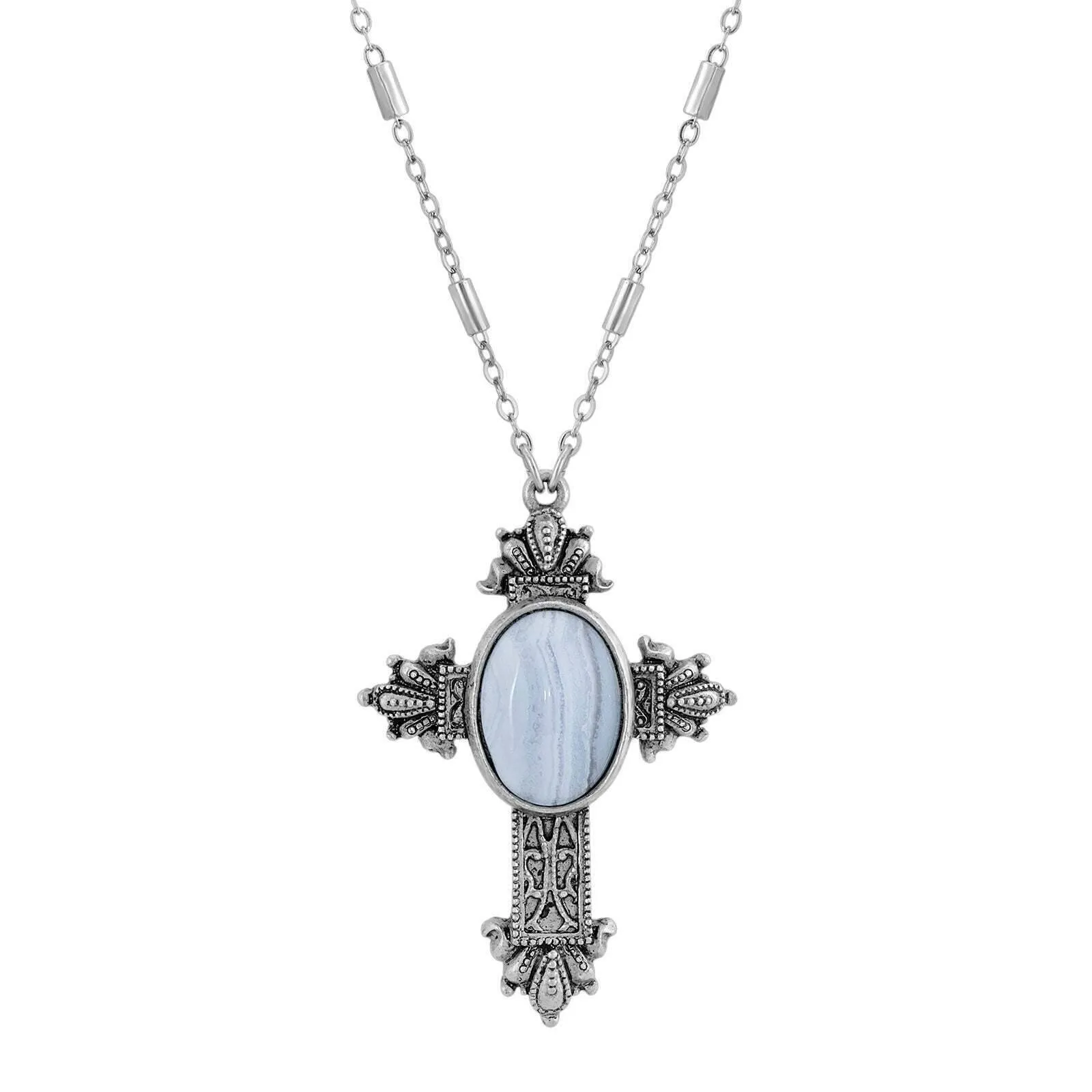 Symbols Of Faith Oval Genuine Gemstone Intricate Cross Pendant Necklace 28"