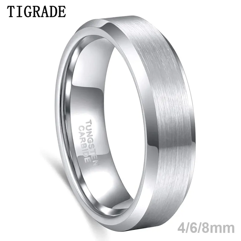 Tigrade 4/6/8mm Unisex Ring Silver Color Brushed Tungsten Carbide