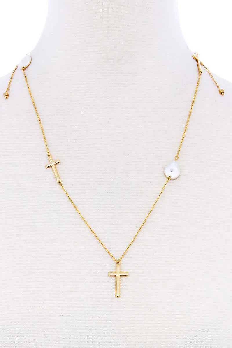 Triple Cross And Pearl Pendant Endless Necklace