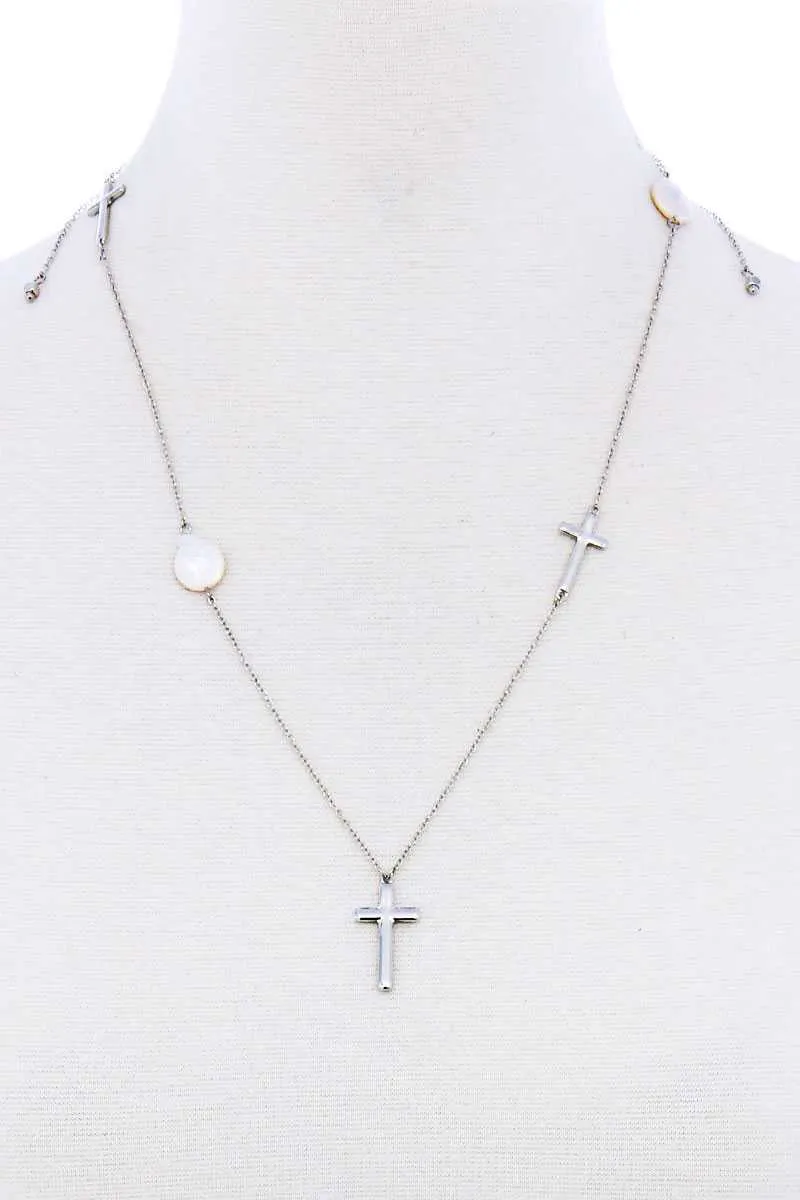 Triple Cross And Pearl Pendant Endless Necklace