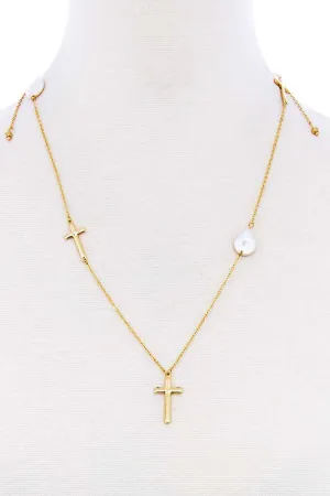 Triple Cross And Pearl Pendant Endless Necklace