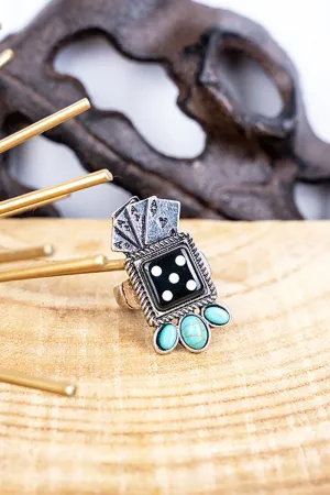 Turquoise Dice and Cards Silvertone Ring