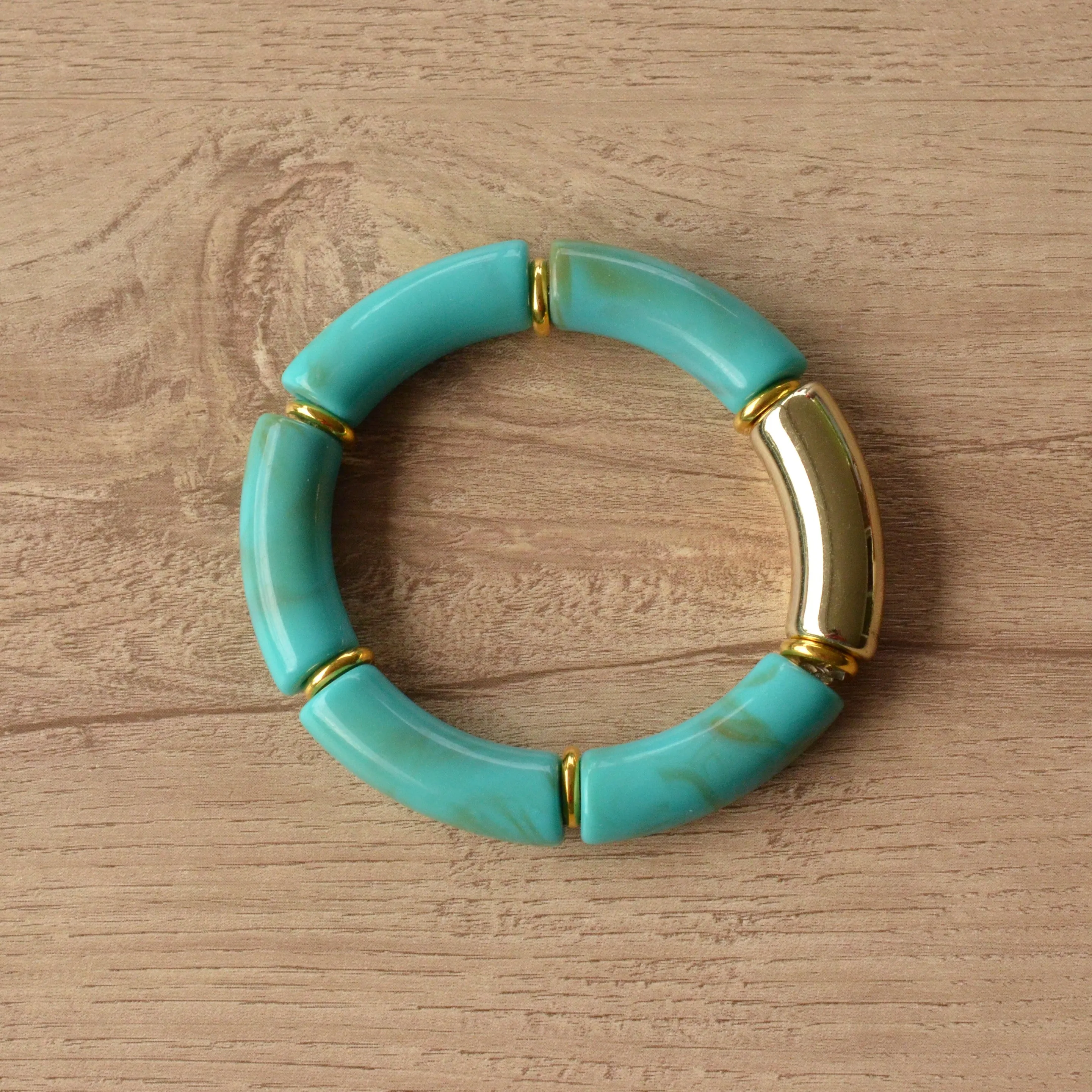 Turquoise Green Brown Ivory Acrylic Bead Lucite Tube Stretch Womens Bracelet