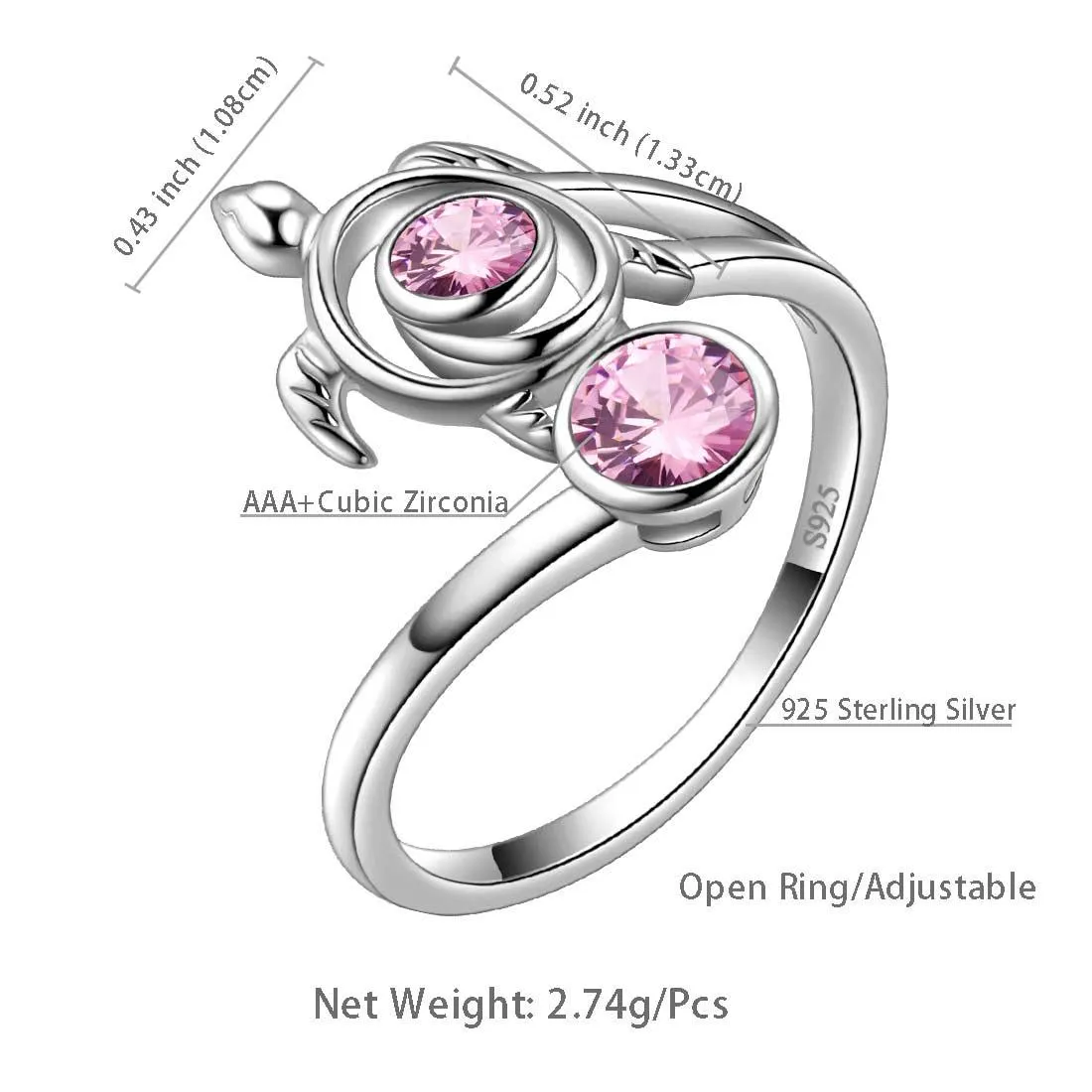 Turtle Birthstone October Tourmaline Ring Women Girls Jewelry Birthday Gift Sterling Silver