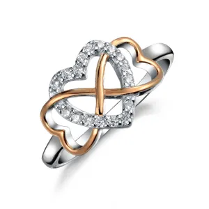 Two Tone Cocktail Statement Ring with Cubic Zirconia Heart in Rose Gold Sterling Silver