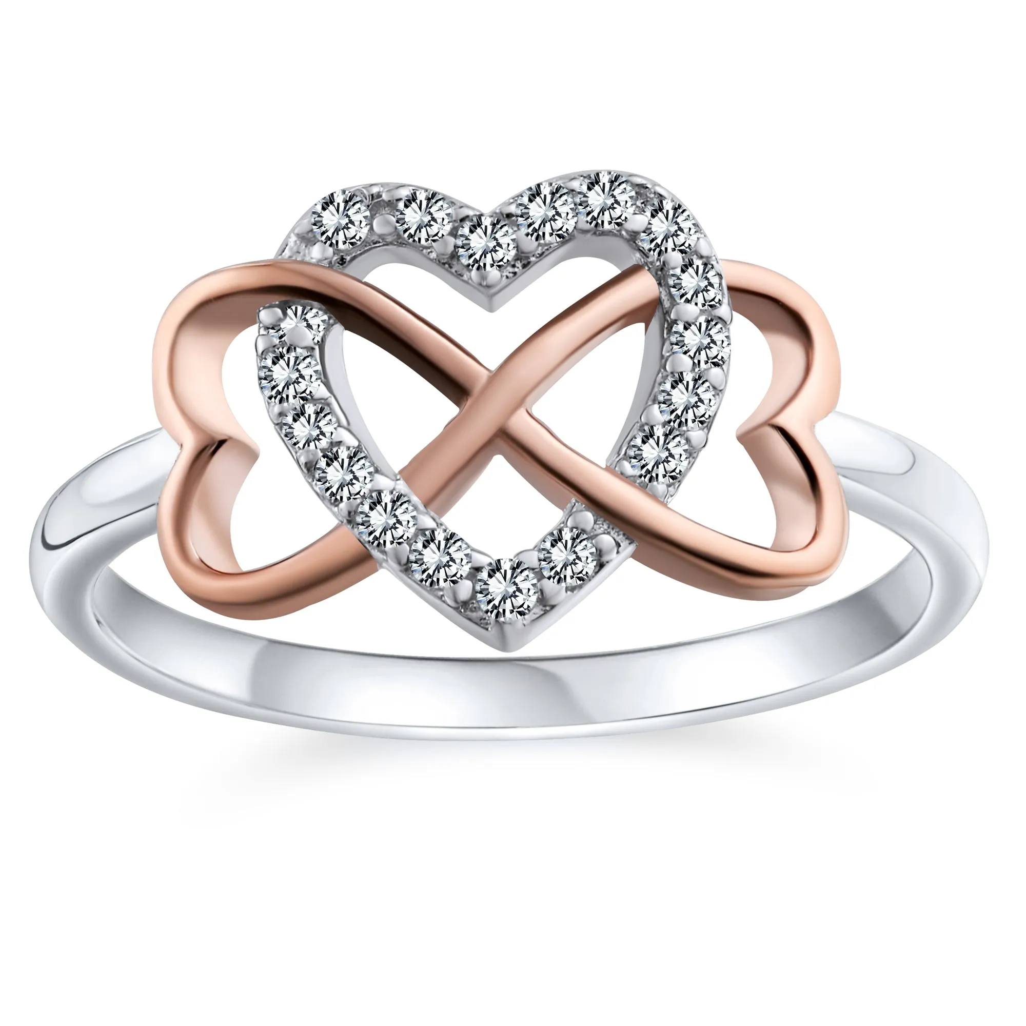 Two Tone Cocktail Statement Ring with Cubic Zirconia Heart in Rose Gold Sterling Silver