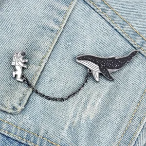 Universe Travel Astronaut And Whales Enamel Pin Cartoon Fish Brooch