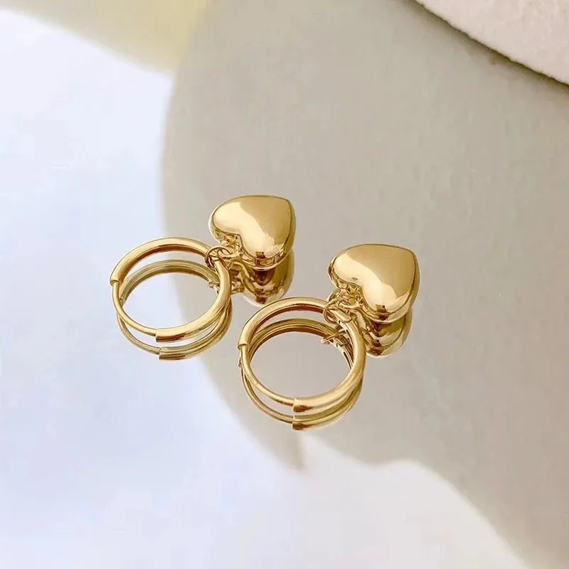 Vintage 18k Yellow Gold Heart Drop Hoop Earrings