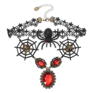 Vintage Lace Skull Head Choker Crystal Spider Web Necklace Halloween Party Accessories