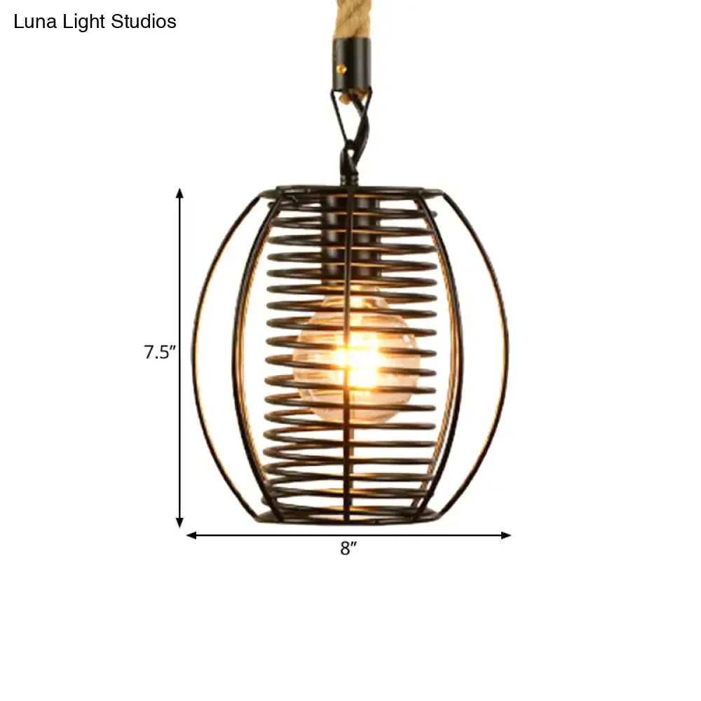 Vintage Style Metal and Rope Pendant Light with Black Wire Cage and Cylinder/Square Shade