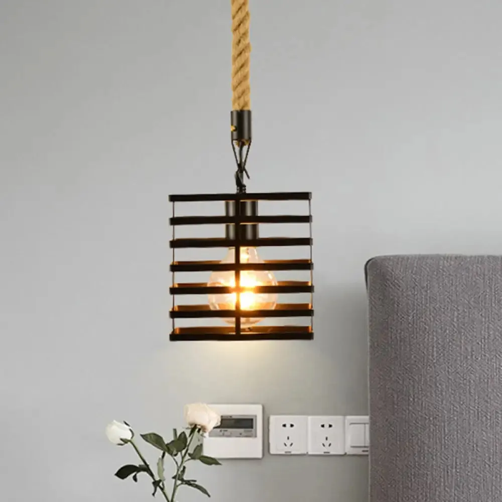 Vintage Style Metal and Rope Pendant Light with Black Wire Cage and Cylinder/Square Shade