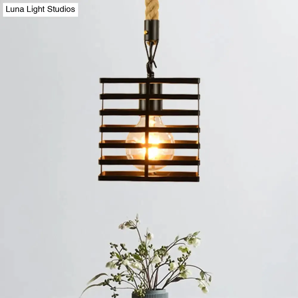 Vintage Style Metal and Rope Pendant Light with Black Wire Cage and Cylinder/Square Shade