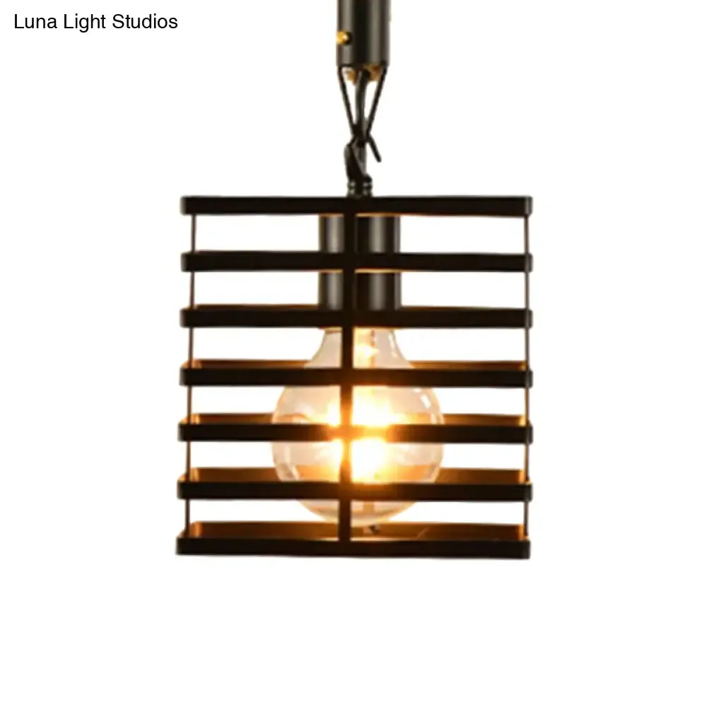 Vintage Style Metal and Rope Pendant Light with Black Wire Cage and Cylinder/Square Shade