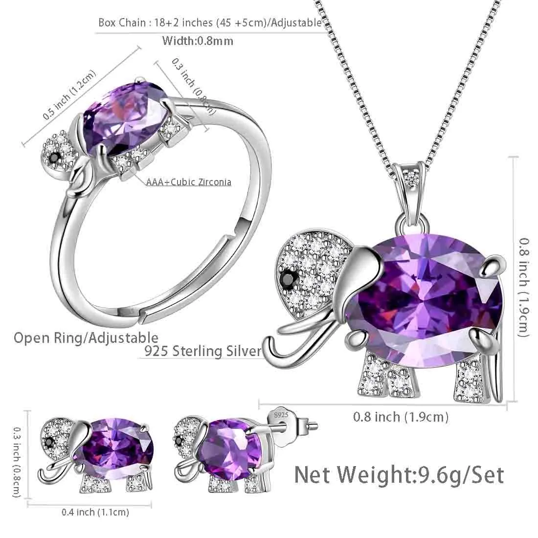 Women Elephant Necklace Earrings Ring Jewelry Set Purple February Birthstone Girls Birthday Gift