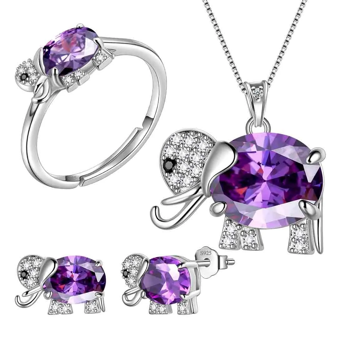 Women Elephant Necklace Earrings Ring Jewelry Set Purple February Birthstone Girls Birthday Gift