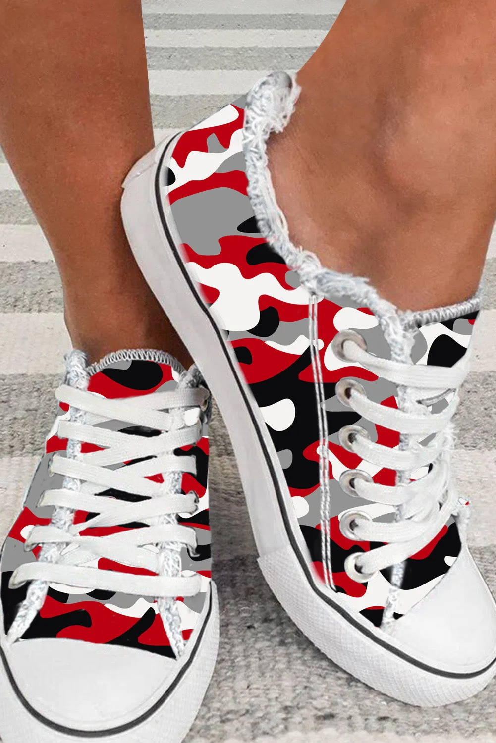 Women's Red Black Grey Camouflage Print Lace Up Canvas Shoes