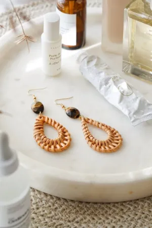 Xander Kostroma Gold Tone Tear Drop Rattan Tiger's Eye Earrings - Handmade Boho Jewelry, Natural Rattan & Crystal, 9 cm Drop, Healing & Protection, Stylish Earrings for Women