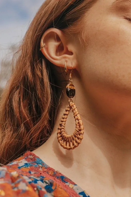 Xander Kostroma Gold Tone Tear Drop Rattan Tiger's Eye Earrings - Handmade Boho Jewelry, Natural Rattan & Crystal, 9 cm Drop, Healing & Protection, Stylish Earrings for Women