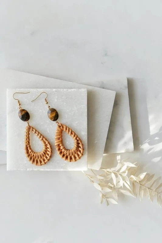 Xander Kostroma Gold Tone Tear Drop Rattan Tiger's Eye Earrings - Handmade Boho Jewelry, Natural Rattan & Crystal, 9 cm Drop, Healing & Protection, Stylish Earrings for Women