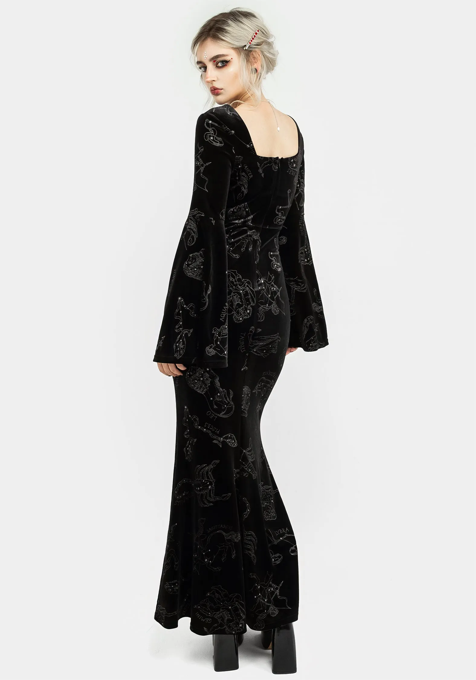 Zodiac Foil Print Velour Flute Sleeve Maxi Gown